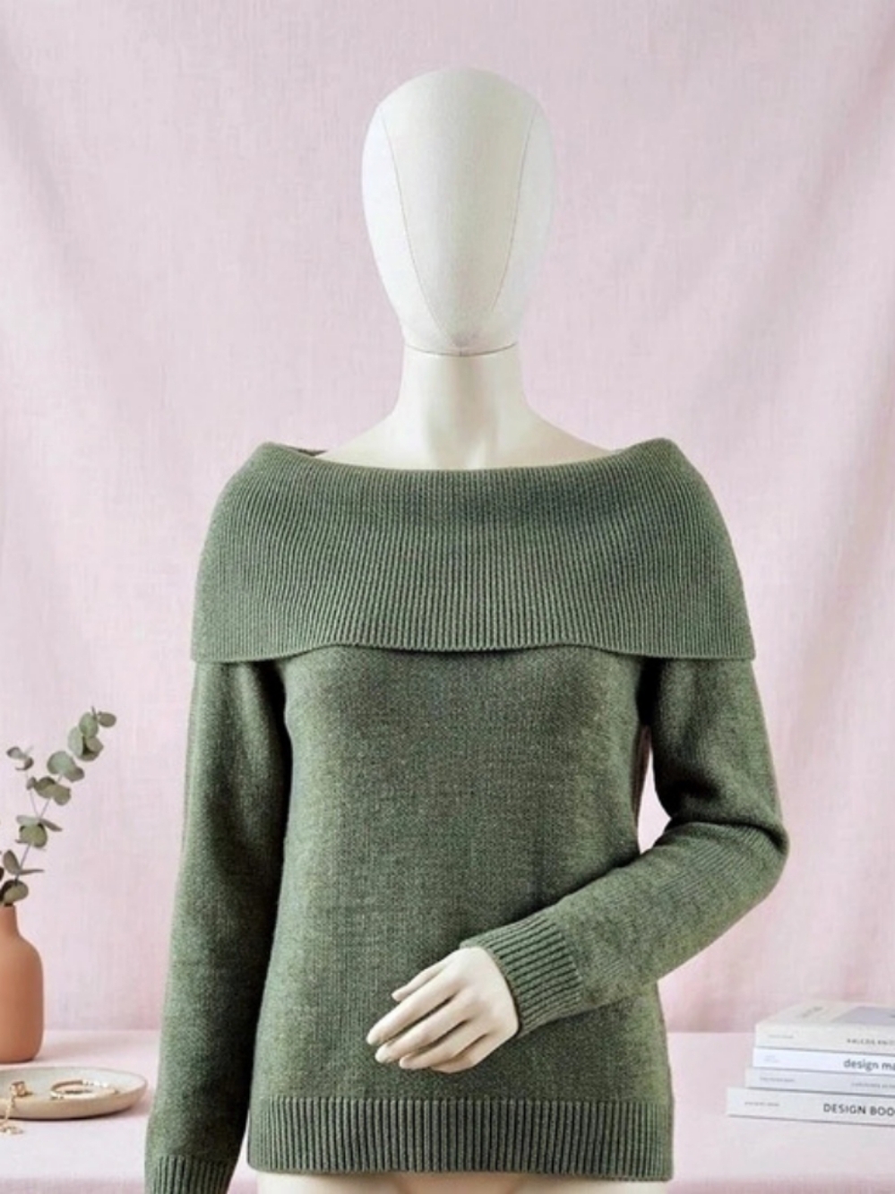 Ann Taylor Factory Off-Shoulder Knit Sweater in Green Like New